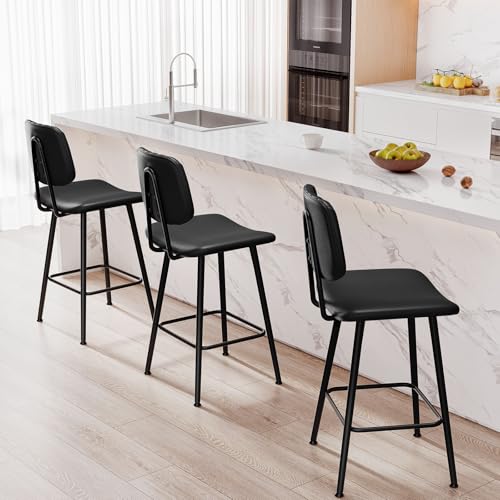 Image of Raynesys 24-Inch Leather Bar Stools Set of 4 with High Backrest, Black