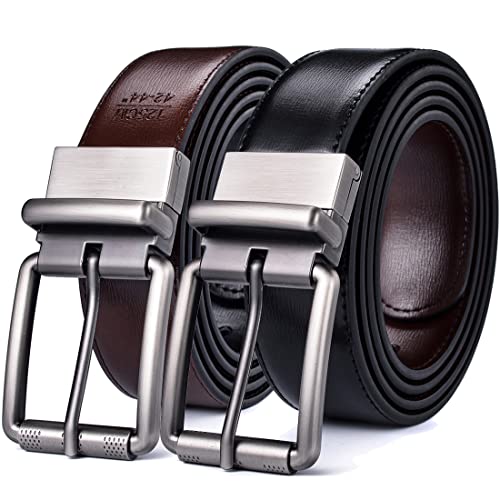 Beltox Men's Genuine Leather Reversible Belt 1.25” Rotate Brushed Roller Buckle Gift Box