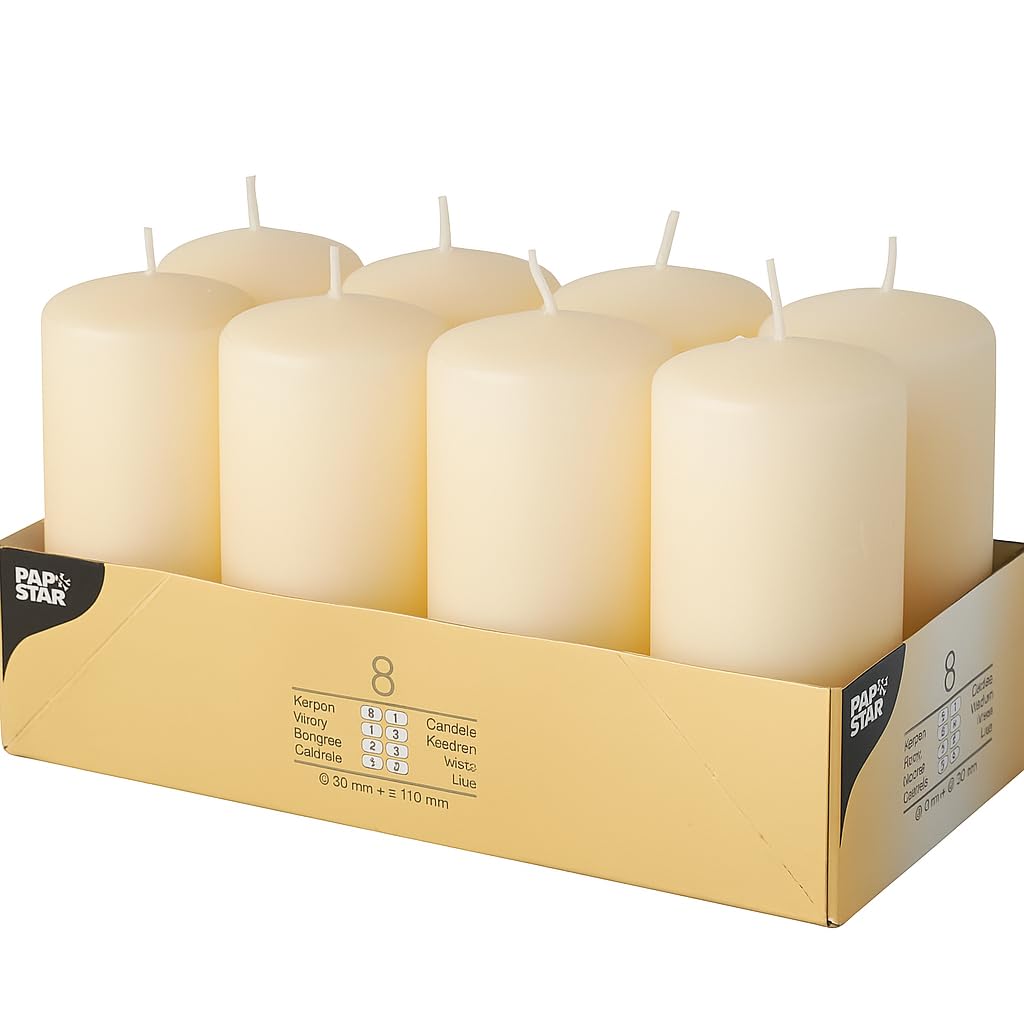 ZINNIAUK Ivory Papstar Pillar Candles Pack of 8 (50mm x 100mm) โ Unscented Small Decorative Candles for Home, Weddings, Parties & Events โ Long-Lasting Dripless Wax Table Centrepieces & Elegant Room.