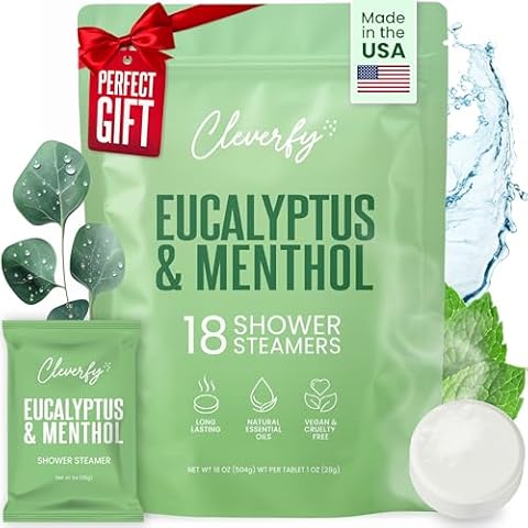 Cleverfy Shower Steamers Aromatherapy - Stocking Stuffers for Women and Teens and Christmas Gifts for Women. 18 Pack of Eucalyptus & Mint Shower Bombs for Relaxation and Nasal Congestion. Cover