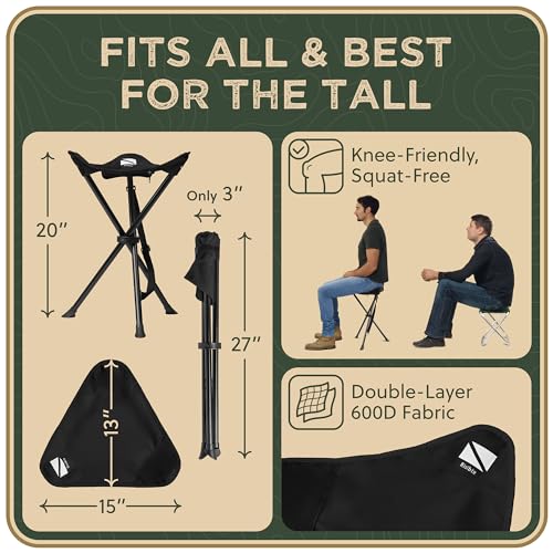 Image of Foldable Tripod Stool - Ultra Portable Seat for Tall People, 20 inch High - Hunting Chair & Hidden Zippered Pocket - 2 lb Camping Stool, 3 Legged Strong Steel Stool Holds up to 200 lb (Black)
