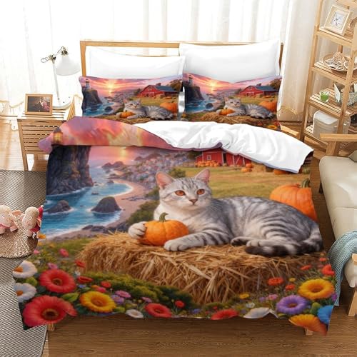 Juego De Ropa De Cama Estampado Gato Americano de Pelo Corto En 3D Funda Nordica Faro Microfibra con Cremallera Y Funda De Almohada para Adultos Adolescentes Super King（260x220cm）