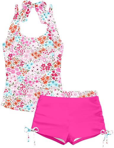 Image of Girls Swimsuit 2 Piece Halterneck Girls Tankini Swimsuit Drawstring Printed Swim Shorts Girl Bathing Suit for 7-18T