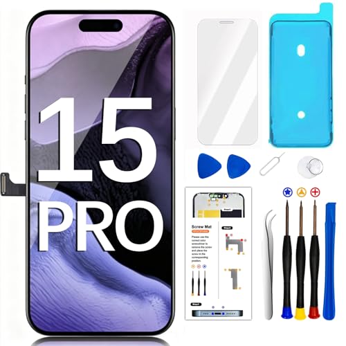 for iPhone 15 Pro Screen Replacement ，6.1Inch 3D Touch Screen LCD Display Full HD Digitizer Frame Assembly for(Model A2848,A3101,A3102,A3104) with Repair Tool+Screen Protector,Waterproof Adhesive