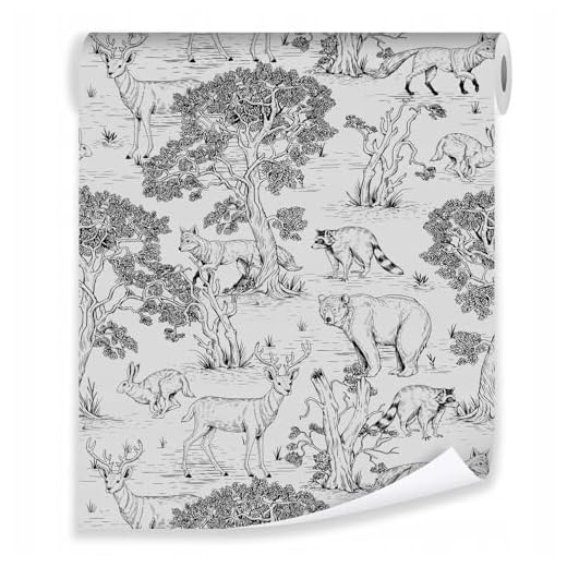 Vliestapete Rolle Kinderzimmer Wald Tiere Grau 10mx50cm Modern 10M Vlies Tapete Waldtiere Kinder Kindertapete Tapeten Wandtapete Mustertapete Tapetenrolle inklusiv Kleister UV-Beständig (1036)