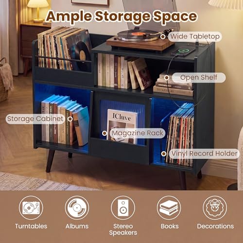 Image of Giantex Large Record Player Stand with LED Light, Mid Century Modern Turntable Stand w /Sliding Door, Charging Station & Plastic Leg, Record Player Table, Vinyl Record Storage for Living Room (Black)