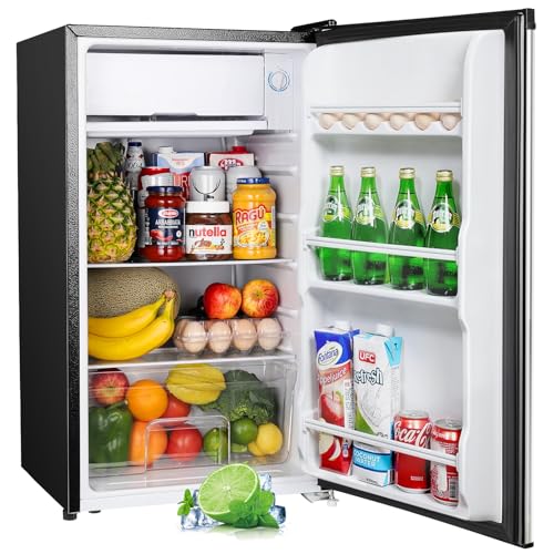 Upstreman 91L Frigorífico con congelador, Frigorífico pequeño con compartimento para verduras y congelador, Dormitorio Oficina Temperatura constante ajustable Mini refrigerador acero inoxidable-BR321