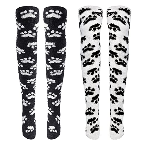 LittleForBig Cute Coral Fleece Thigh High Long Paws Patten Socks 2 Pairs - Black/White