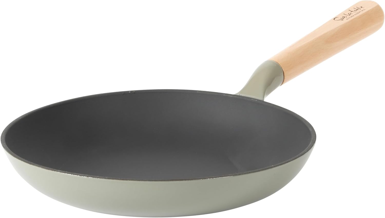 Sur La Table Kitchen Essential Main Canteen 9.5" Pre-Seasoned Cast Iron Skillet w/Wood Handle, Natural Nonstick Lightweight Frying Pan for Searing, Sautéing & Everyday Cooking - Juniper Green