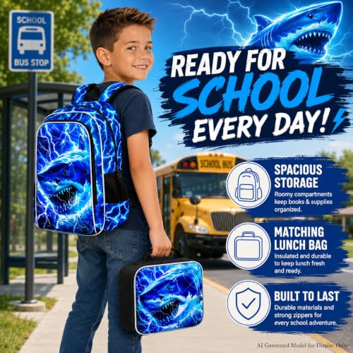 Image of 17 inch Shrak Backpack for Boy, 3Pcs Lightning Bookbag for Elementary Preschool Kindergarten, Kids School Thunder Backpacks with Lunch Box (Blue)