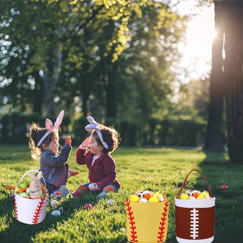Image of Baseball Basket for Kids Canvas Easter Egg Hunt Baskets Halloween Trick or Treat Candy Bucket for Halloween Easter