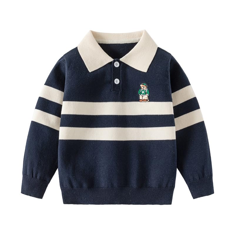 Baby Boy Collar Long Sleeve Striped Teddy Bear Embroidered Cartoon Sweater Autumn Knitted Button Pullover Top