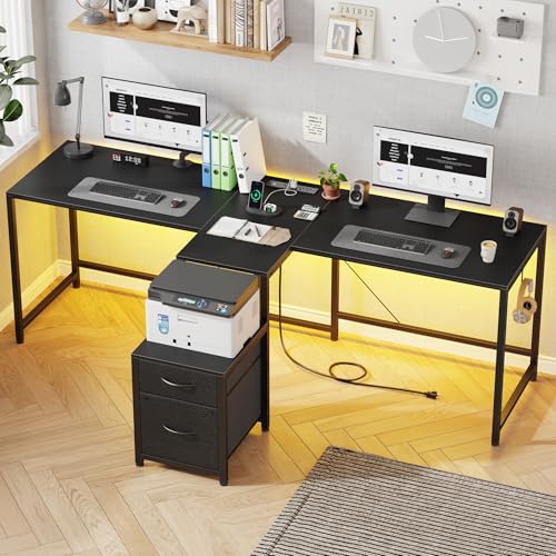 HIGDBFE T-Shaped 2 Person Desk with Power Outlet, Long Two Person Gaming Table with LED & Fabric Drawers, 81.2'' Computer Desks with File Cabinet, Double Workstation for Home Office, Black
