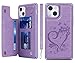 iCoverCase for iPhone 13 Wallet Case with Card Slots Holder Kickstand [RFID Blocking] Embossed Leather Magnetic Shockproof Cover with Wrist Strap (Heart Purple), Purple