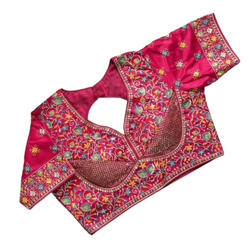 sangam prints Women's Magenta Pink Satan Silk Free Size Stitched Blouse with Traditional Embroidery Work-picture-53