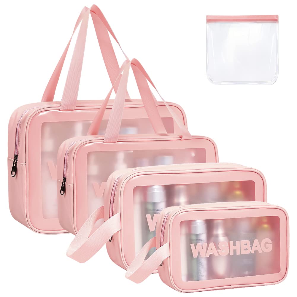 Aucuu 5 PCS Bolsas Neceser Transparente, Neceser de Aseo Transparente, Bolsa de Cosméticos Impermeable con Cremallera, Bolsas de Aseo Transparente para Baño,Viaje,Vuelo-Rosa