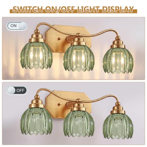 Image of Vintage Gold Vanity Lights, 3 Light Tulip Crystal, Antique Brass Finish | Brushed Gold Bathroom Light Fixtures, Green Wall Sconce Ideal for Bedroom, Living Room, E26 Compatible, Easy Install
