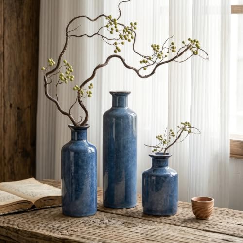 GarDream Ceramic Vase Set of 3, Deep Blue Glazed Bud Vases for Home Decor, Modern...