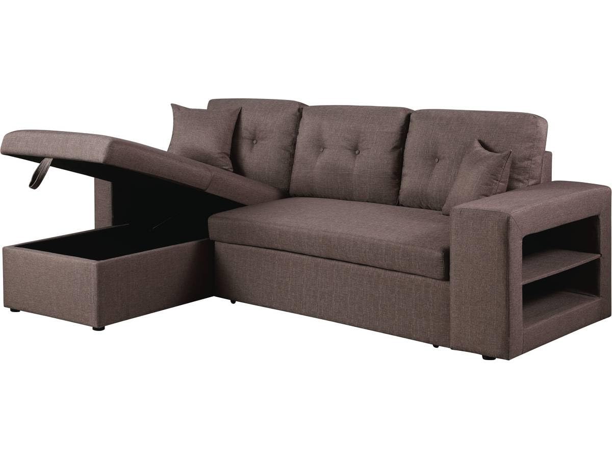 Habitat et Jardin - Canapé d'angle Convertible et Réversible Axel 3 Places Taupe - Canapé Lit Design Moderne en Tissu Lin - Espace de Stockage (Méridienne) + Étagères