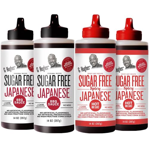 G Hughes Sugar Free Japanese BBQ Sauce Bundle - Japanese Barbecue Sauce, Gluten Free, Gourmet Asian Marinade for Fish, Meat, Chicken Wings, Stir Fry - 14 Fl Oz, 2 Spicy, 2 Original (Pack of 4)