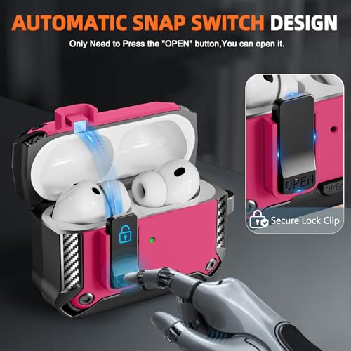 Image of for AirPods Pro 3 Case with Lock & Phone Stand(Rose red) | Automatic Snap Switch Lock,Carbon Fiber Texture Design Cover with Cleaner Kit