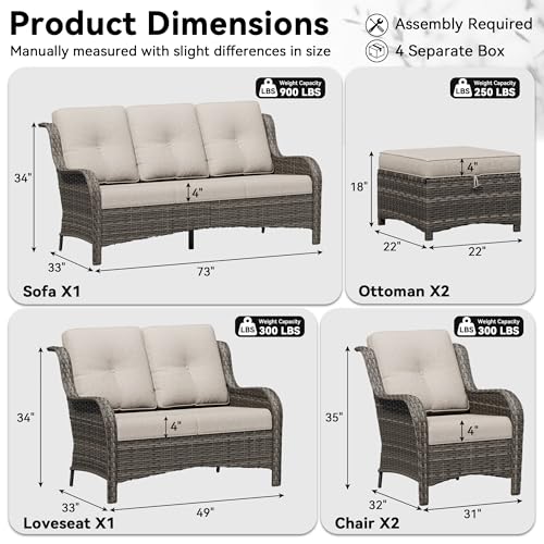 Image of 6 Piece Outdoor Wicker Patio Furniture Set, Patio Chairs Set with Thickened Olefin Cushions, High Back and Deep Seating, Hand-Woven PE Rattan, Ottoman for Porch, Deck