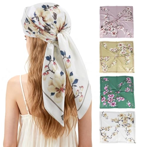 Floral Bandana 4 Pcs 35 Silk Head Scarf for Hair Sleeping Wrap Large Silk Scarf Womens Head Scarf Peach Blossom Printed Neck Scarves Beach Headscarf Elegant Shawl Wraps(White/Cyan/Gold/Pink)