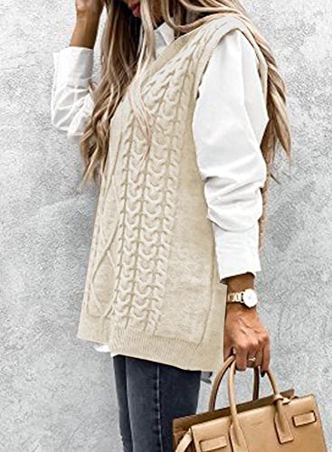 Nalanisa Women V Neck Sleeveless Oversized Sweater Vest Casual Loose Cable Knit Sweaters Tank Pullover Fall Winter Outfits(Z-Apricot, Medium) #TOP1