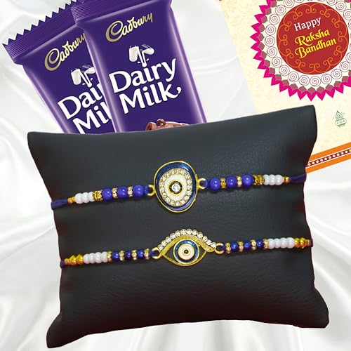 Image of Canton Rakhii Gift for Brother with Chocolate - Designer Rakhi for Brother with Cadbury Gift Hamper Pack, Roli Kumkum & Greeting Card (Design-9, 2 Rakhi + Cadbury)