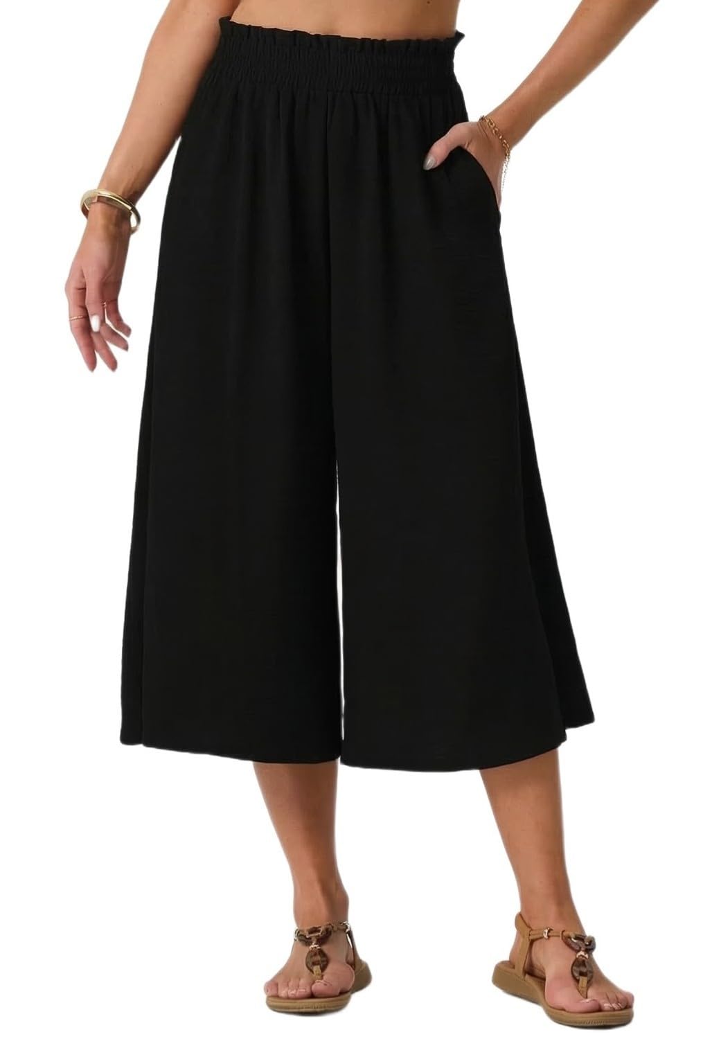 PrinStory Pantalones Verano Mujer Cintura Alta Culotte Palazzo Pierna Ancha Bolsillos