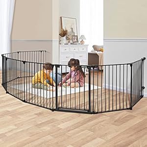 COMOMY 198″ Baby Gate Extra Wide, Dog Gate Pet Gate for House Stairs Doorways Fireplace, Adjustable 3 in 1 Play Yard Child Safety Gate, Auto Close, Hardware Mounted (30″ Tall, Black)