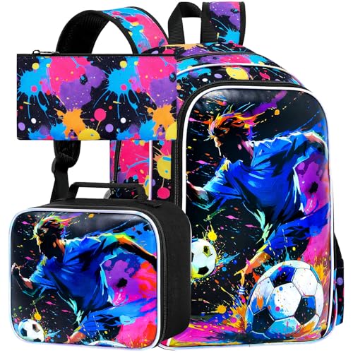 HPJGD 3 unidades de mochila infantil de futebol para meninos, conjunto de mochila resistente à água com lancheira, bolsa escolar legal para o ensino fundamental - jogador de futebol pintado com spray