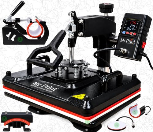 Image of MY PRINT | Heat Press 5 in 1 Digital Multi Functional | DTF PRINTING | Sublimation Printing | Vinyl Printing Machine for T-Shirts [Any Flat Product] with Cap Press, Plate Press, 11Oz Mug Press, with extra Mug Attachment | 12x15 Inch | For Business Supplies [Teflon Attached] (New Arrival 5in1)