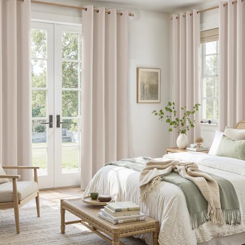 Image of HOMEIDEAS 100% Blackout Beige Faux Linen Curtains 52W x 84L 2 Panels