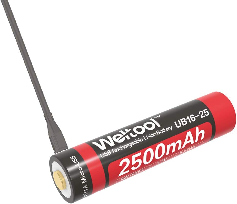 Weltool 16650 Protected Lithium Rechargeable Battery Build-in USB Port Adopt 2500mAh 3.7V Japanese UR16650ZTA core as Replacement for 2 CR123A