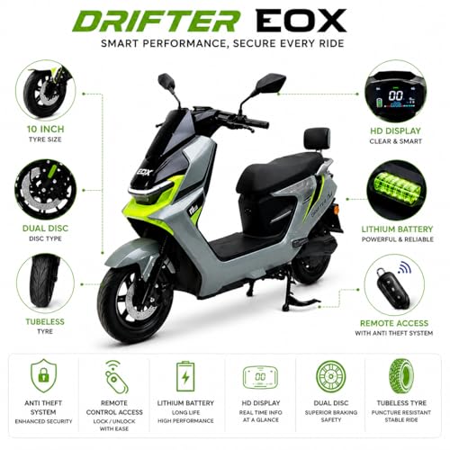 Image of EOX DRIFTER Electric Scooter for Adults | 48V Removable Lithium Battery | 50-70 km Long-Range Ride | Lightweight Non-RTO E-Scooter | 180 kgs Weight Capacity (OLIVE BLAST)