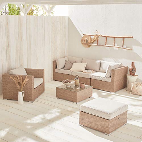 Alice's Garden - Salon de Jardin en résine tressée - Caligari - Beige. Coussins Beige - 5 Places - 1 Fauteuil. 1 Fauteuil sans accoudoir. 1 Pouf. 2 fauteuils...