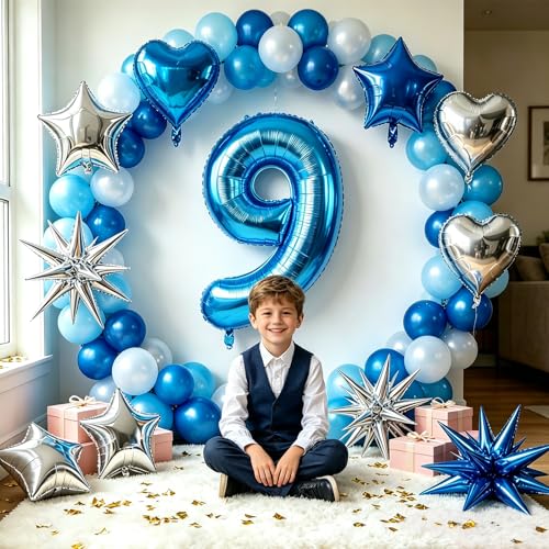 Image of TONIFUL 9th Birthday Balloons Kit 40 Inch Blue Large Number 9 Foil Balloon