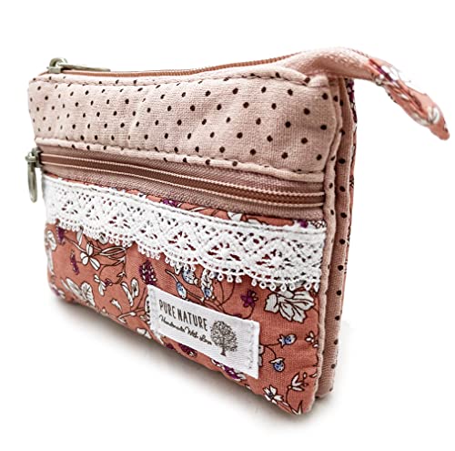 Women Small Zipper Coin Purse, Handmade Fabric Flower Embroidered Change Pouch, Cotton Double Zipper Wallet 5