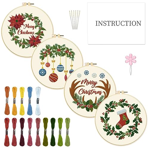 Image of INFUNLY 4 Sets Christmas Embroidery Kits Cross Stitch Kits for Beginners with Instructions Embroidery Starter Kit for Adults 11.8x11.8in Elks Embroidery Kit for Thanksgiving Decor Home Bedroom Wall