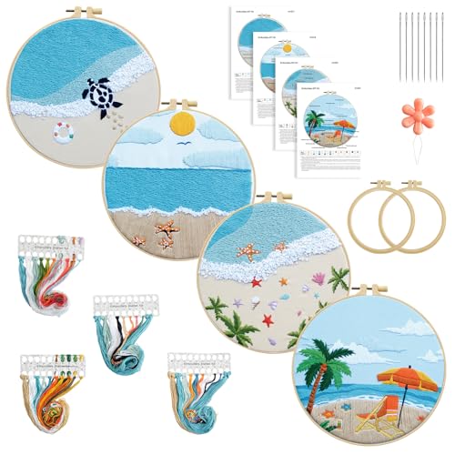 Image of 4 Set Ocean Embroidery Kit for Beginners Adults Embroidery Starter Kit Ocean Beach Pattern Spring Summer Hand Crewel Embroidery Kit Cross Stitch Kit Include Instruction 2 Hoops Color Threads Needles
