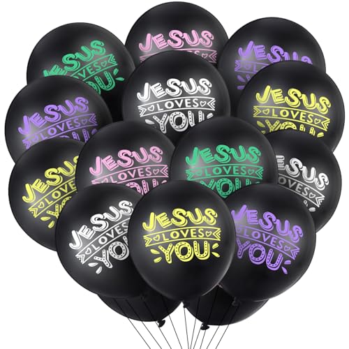 Image of Gejoy 60 Pcs Jesus Loves You Balloon 12 Inch Latex Christian Religious Jesus Balloon Party Decor for He Is Risen Party Decor Favor Cross Church Event Birthday Sunday Supplies(Black)