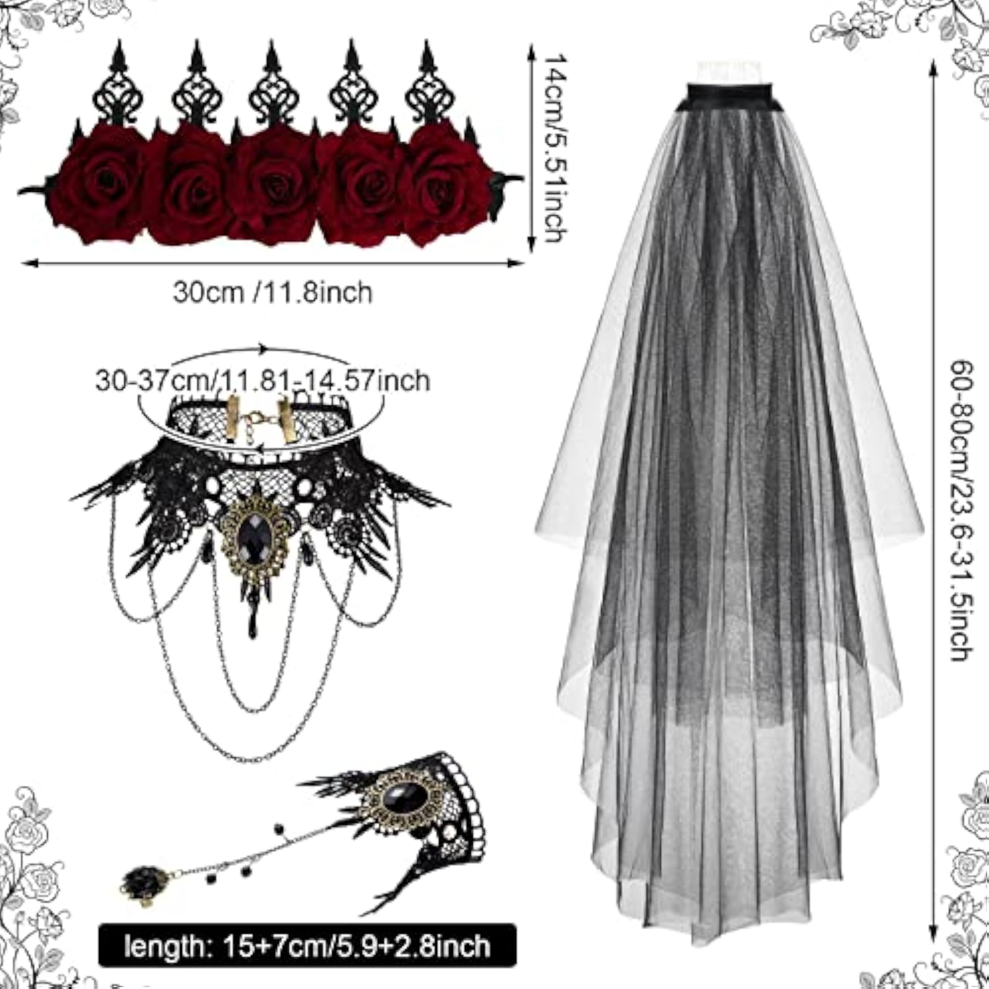 5pc Halloween Vintage Rose Crown Gothic Floral Headband & Choker Set