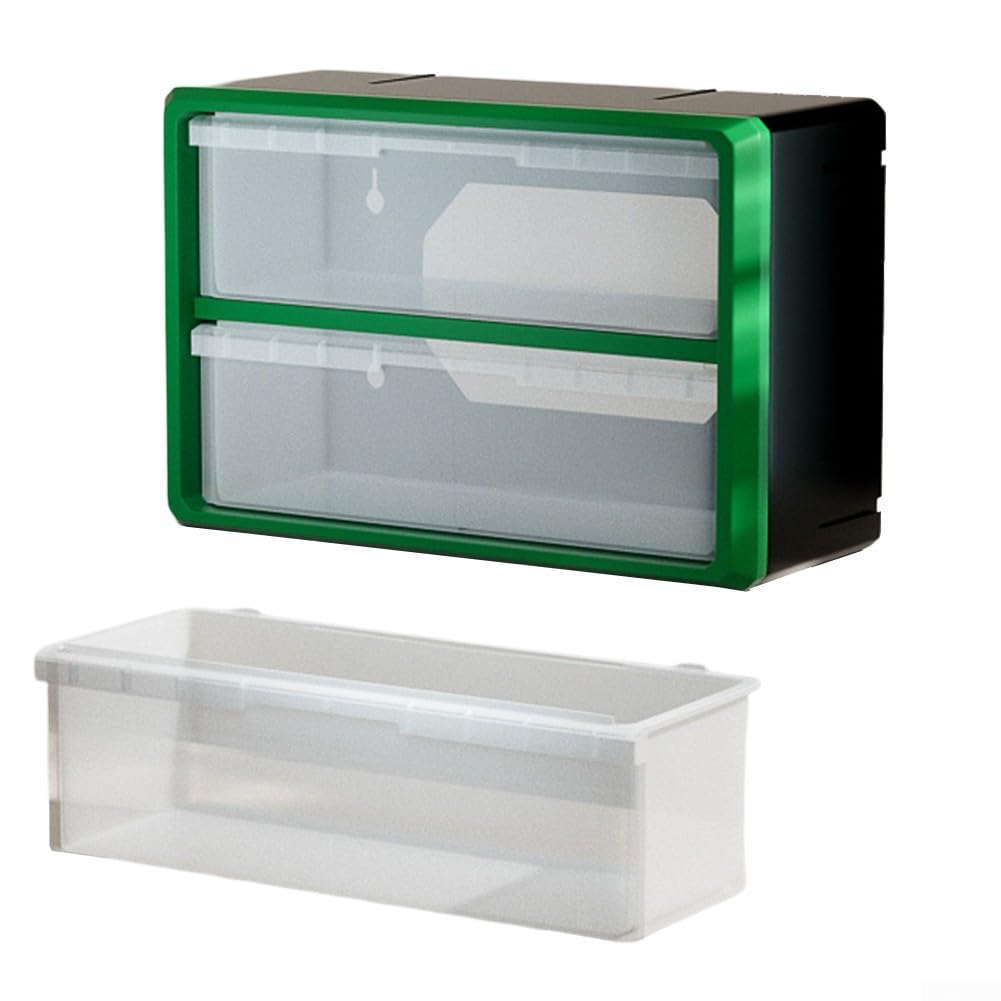 Caja de almacenamiento de plástico apilable para piezas de cajones y herrajes para gabinetes con soporte de pared, para organizar herramientas en talleres, garajes y fábricas (verde)