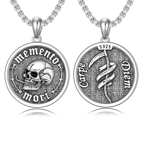 Collier en argent sterling 925 Memento Mori Pendentif tête de mort gothique Cadeau homme femme