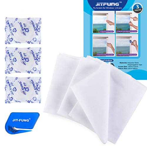 JIT-FUNG Fly Screen for Window-3 Packs, Mosquito Net Insect Mesh with Cutter, 1.3m x 1.55m, with 3 Rolls Self-Adhesive Tapes - 2.0 Pro
