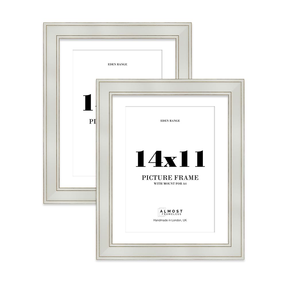14x11" Light Grey Picture Frame with A4 Mount - Shabby Chic Photo Frame with Distressed Finish, Gold Trim, Wall Hooks and Kickstand, 37mm Edge - 2 Pack