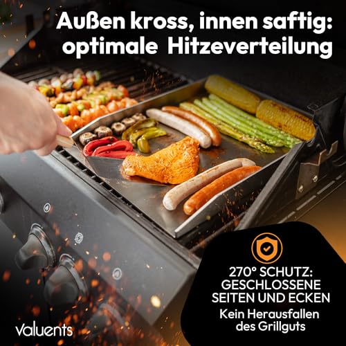 valuents® Grillplatte - Plancha Grill Platte aus dickem & rostfreiem Edelstahl – 40 x 30 cm – für BBQ Gasgrill & Kohlegrill geeignet +PLUS: Bürste & Grillspachtel 3