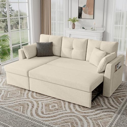Image of Huatean Home Sleeper Sofa Couch, 2 in 1 Pullout Couch Bed with Storage Chaise, Sectional Sleeper Sofa Bed with Side Pocket for Living Room, Beige