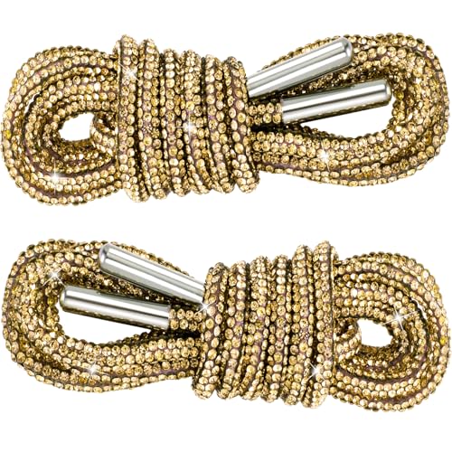 YALOJE 2pcs Rhinestone Glitter Shoelace, 47' Crystal Bling Round Hoodie String Ropes, Shiny Replacement Drawstring Cords for Sneakers, Boots, Bags - Gold